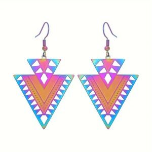 Triangle Dangle Earrings Iridescent Rainbow Geometric Statement‎ Jewelry